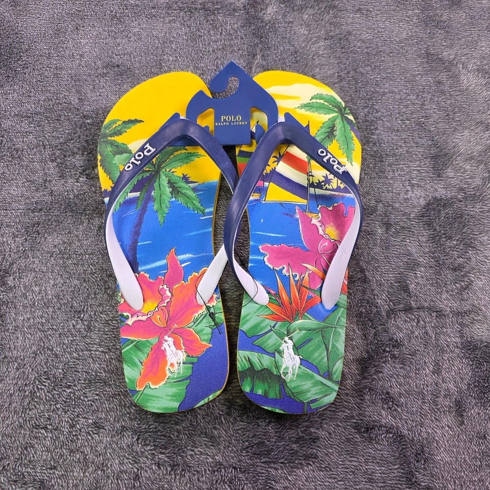 Ralph Lauren Bolt Tropical Beach Flip Flops Azure Sail Thong Sandals Size 12